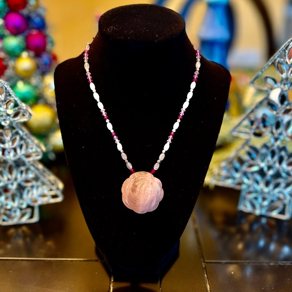 Rose Quartz Carved Rose necklace with Swarovski Crystal beads